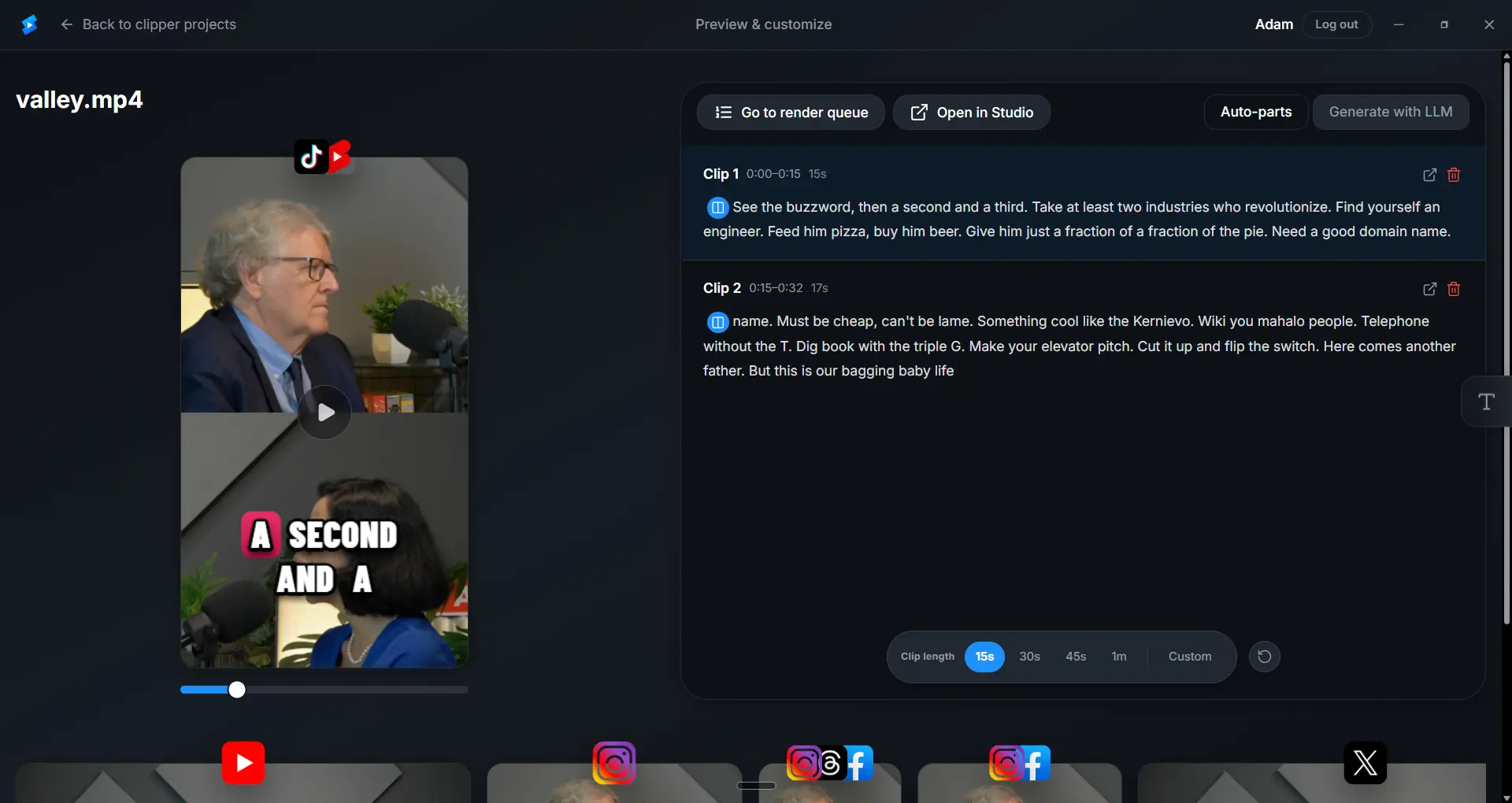 OpenClipper preview screen with a vertical reframed clip, on-video captions, Auto-parts clip list, and social export buttons.