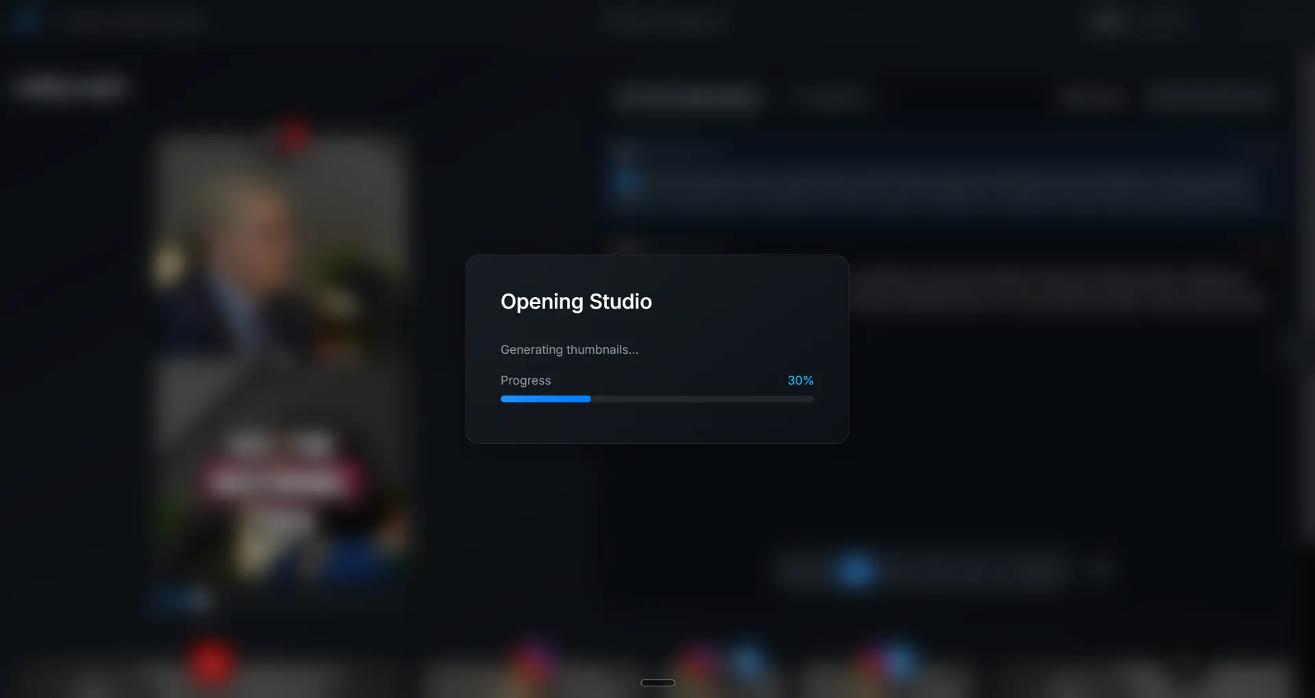 OpenClipper opening GrepCut Studio with a progress dialog while thumbnails generate.